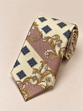 Patterned Necktie Cream Gold & Navy Vintage Floral 100% Polyester Eclectic